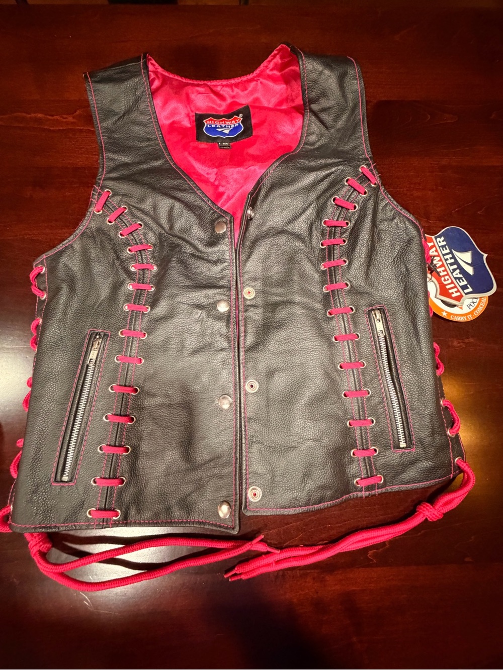 Ladies Black Leather Vest with Pink Lace-Up Trim